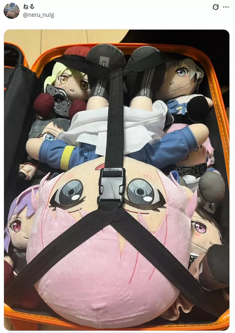 日本网友分享“装在行李箱内的皮卡丘玩偶”，没它就会睡不着！所以每次旅行一定都会带着！