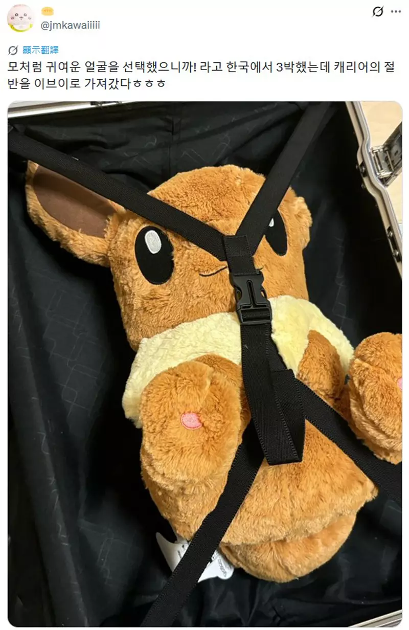 日本网友分享“装在行李箱内的皮卡丘玩偶”，没它就会睡不着！所以每次旅行一定都会带着！