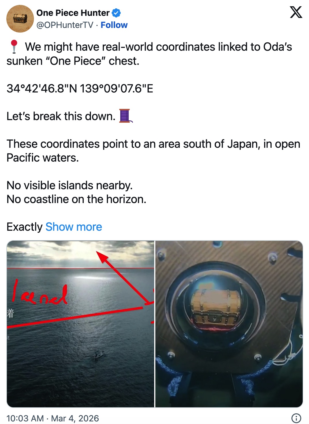 图片[8] - 《航海王》真玩大了！尾田将“ONE PIECE”沉入日本海域，却遭硬核粉丝光速破解，扒出详细坐标位置！ - 奇趣星球报 - 奇趣星球报