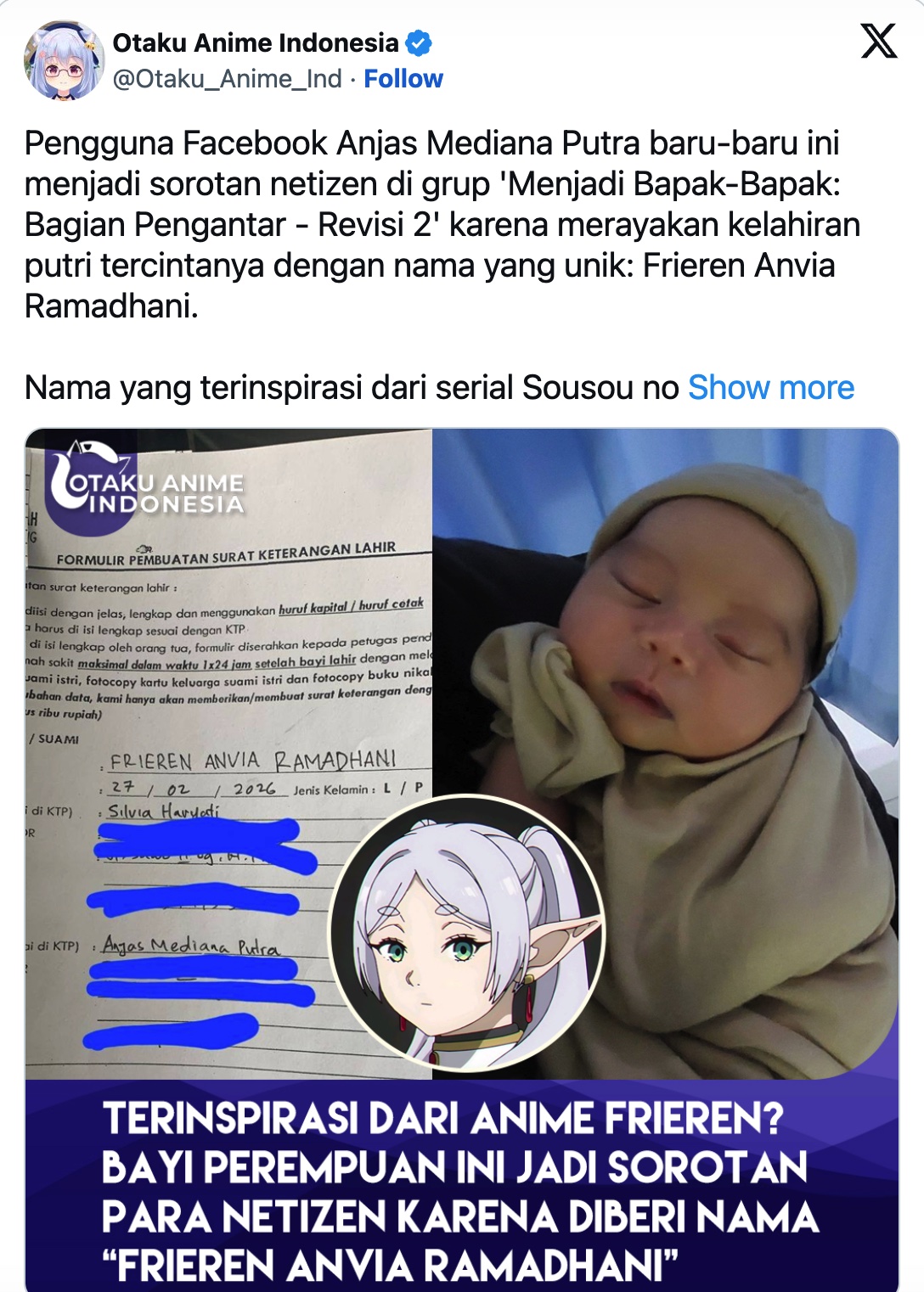 图片[4] - 印尼硬核漫迷竟给宝宝取名日本动漫《葬送的芙莉莲》精灵魔法使“芙莉莲”！网友笑侃：在热带用这名真有反差萌！ - 奇趣星球报 - 奇趣星球报