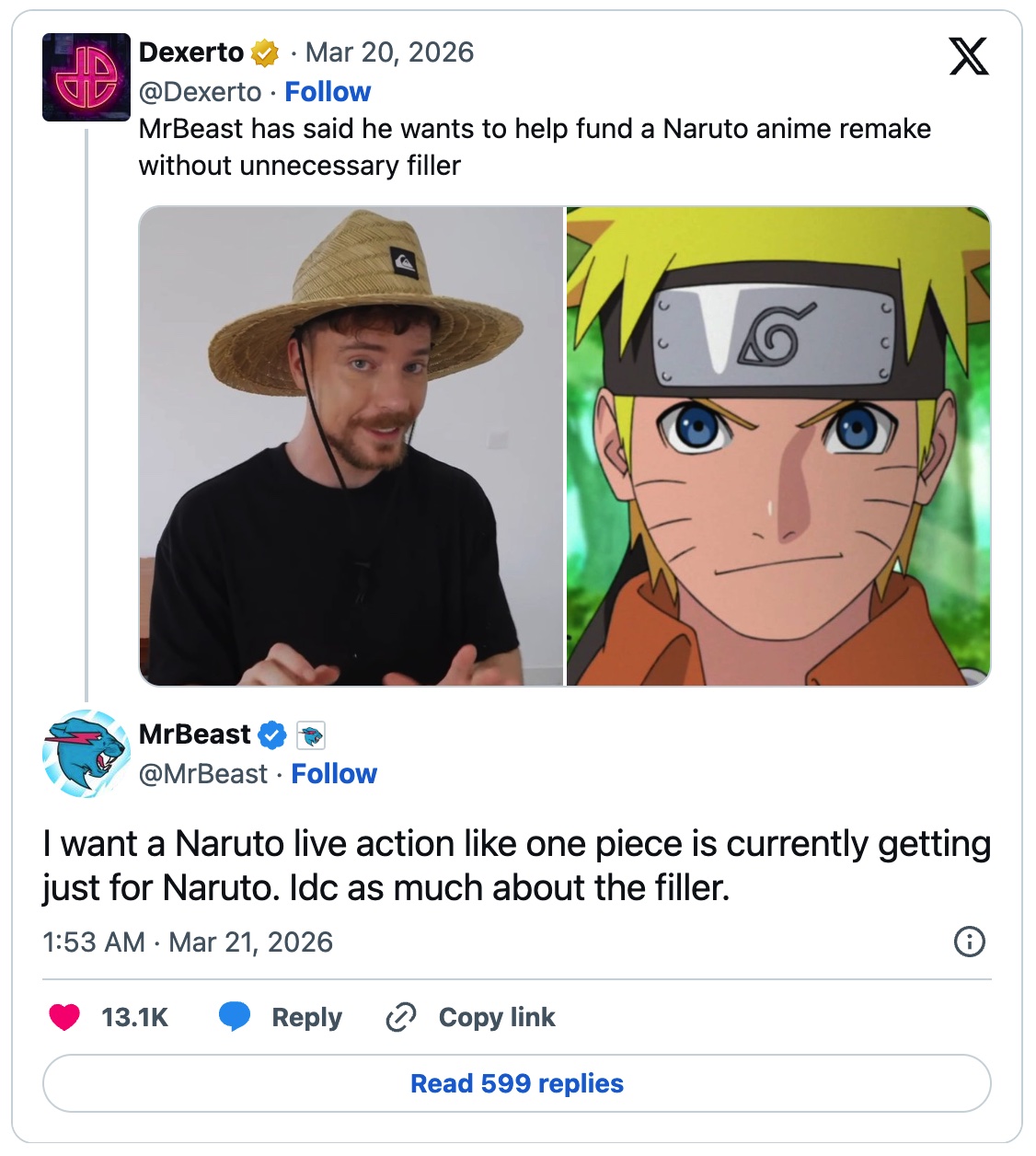 图片[3] - 顶流网红 MrBeast 向日本动漫神作《火影忍者》“豪掷钞能力”！求出无注水重制版，我买单！ - 奇趣星球报 - 奇趣星球报