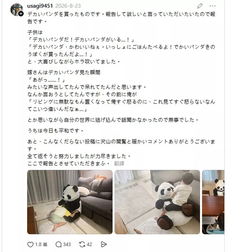 瞒着老婆买回《超巨熊猫玩偶》:孩子立刻喜欢,猫咪先试探,妻子那一愣让人想到共同生活的分寸 瞒着老婆买回《超巨熊猫玩偶》:孩子立刻喜欢,猫咪先试探,妻子那一愣让人想到共同生活的分寸